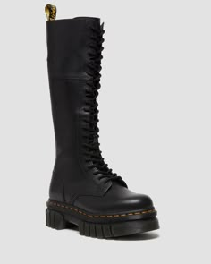 Shop Audrick 20-Eye Leather Knee High Platform Boots in Black at Dr. Martens. Free delivery on orders over $50 Dr Martens Audrick, Thrift Inspiration, High Platform Boots, Knee High Platform Boots, Platform Boots Women, Black Platform Boots, Boots Uk, Tall Girl, Goodyear Welt