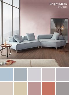 a living room filled with furniture and lots of color swatches in shades of pink, blue