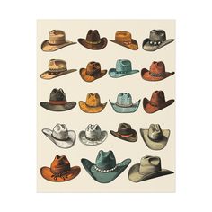 an image of cowboy hats in various colors and sizes on a white background with the words,