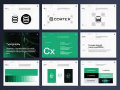 six different presentation slides with green and black accents, including the logo for corex