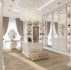 a bedroom with white furniture and chandelier hanging from the ceiling