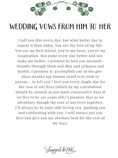 the wedding vows from him to her are written in black and white with green leaves