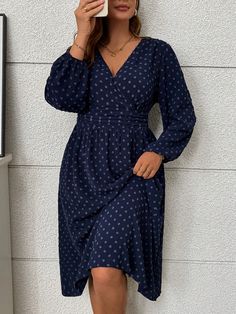 Plus Size V-Neck Polka Dot Print Cross Wrap Long Sleeve Dress Navy Blue Elegant  Extra-Long Sleeve Woven Fabric Plain,Polka Dot A Line Non-Stretch  Women Plus Clothing, size features are:Bust: ,Length: ,Sleeve Length: Hair Jewelry For Braids, Plus Size Summer Casual, Black Hair Clips, Ruffle Trim Dress, Long Sleeve Shift Dress, Collars For Women, Versatile Dresses, Inspiration Mode, 15 Dresses