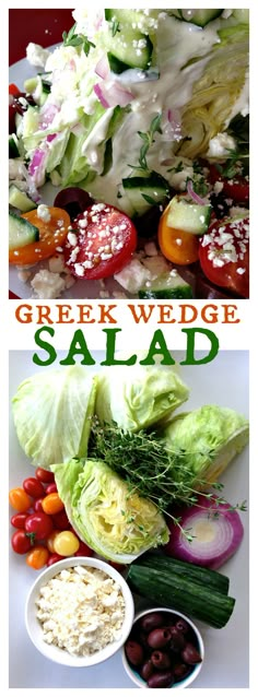 greek wedge salad with lettuce, tomatoes, cucumbers and olives