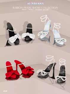 several pairs of high heel shoes with bows on them