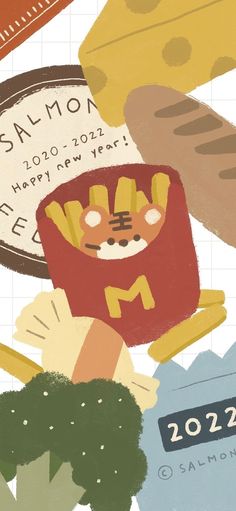 an image of a cartoon character eating french fries and holding a sign that reads saumon happy new year