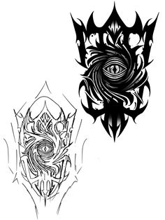 two black and white designs with an eye in the center