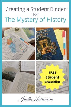 the mystery of history book with text reading creating a student binder for the mystery of history