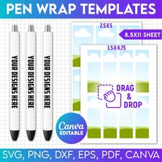 three pen wrappers with the words drag and drop on them