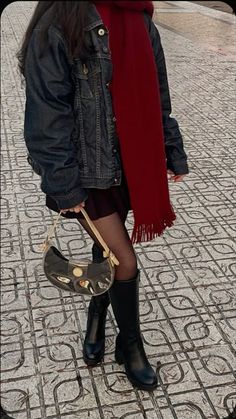 Autumn Fall Outfits Aesthetic, Fall Clothes Inspo 2024, Winter Outfits With Denim Jackets, Red Fall Aesthetic Outfit, Trendy Boots Outfit, Red Dress And Jacket, Red Winter Outfits Black Women, It Girl Autumn, Denim Jacket Autumn Outfit