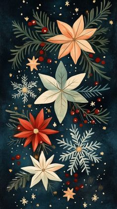 a painting of flowers and leaves on a blue background with snowflakes in the foreground