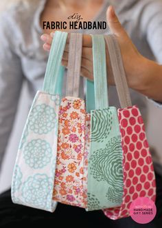 a woman holding four small bags with the words fabric headband in front of her