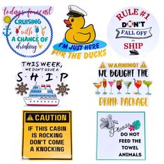 various stickers and decals on a white background, including one with a rubber duck