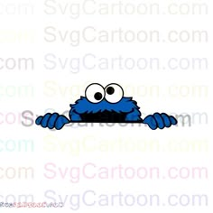 an image of a cookie monster peeking out from behind a blank sign or banner with the words svg cartoon com on it