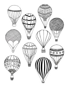 the hot air balloons are drawn in black and white, with lines on each side