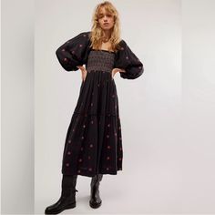 Nwot Free People Dahlia Embroidered Maxi Dress- So Pretty And Femme, This Maxi Dress Is Featured In A Longline Tiered Silhouette For The Perfect, Effortless Look. The Fit: Fitted Smocked Bust With A Flowy Skirt And Billowing, Puffy Sleeves The Features: 3d Embroidered Flowers, Tiered A-Line Skirt; Textured Fabric Why We It: Perfect For Brunch, Special Occasions, And More Fit Note: This Dress Features A Fitted Bodice, For Larger Busts, We Suggest Sizing Up For A Comfortable Fit. Care/Import Machi Free People Dahlia Dress, Bohemian Fall Outfits, Dahlia Dress, Easter Dresses For Toddlers, Patterned Midi Dress, Embroidered Maxi Dress, Easter Dress, Long Puff Sleeves, India Fashion