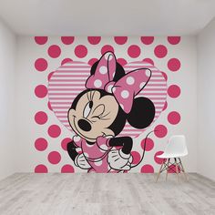 minnie mouse wall mural in a white room with pink polka dot walls and flooring