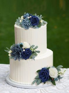 3Pcs Navy Blue Cake Topper Flowers Set - Rinlong Flower White Wedding Cake With Dusty Blue Flowers, Diy Navy Blue Wedding Decor, Wedding Cake Ideas Navy Blue, Classic Blue Wedding Cake, Navy Blue Cake Wedding, Wedding Cake Dusty Blue Flowers, Navy And Dusty Blue Wedding Cake, Dusty Blue 2 Tier Wedding Cake, Wedding Cake With Fake Flowers