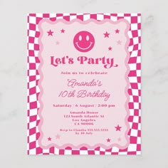 a pink and white checkered birthday party card with a smiley face on the front