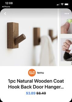 an image of a wooden coat hook with the text, 1 pc natural wood coat hook door hanger $ 3 98