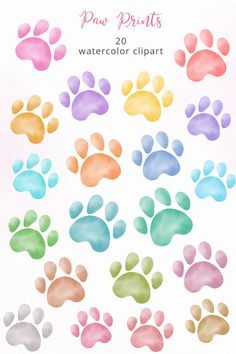 watercolor paw prints with different colors and sizes