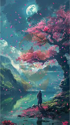 a man standing in front of a tree with pink flowers on it and looking at the moon