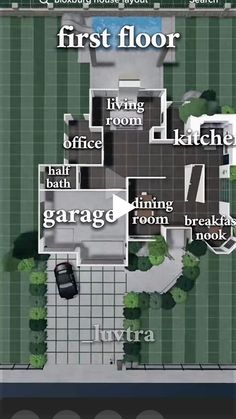 an aerial view of a house with the words first floor and garage on it's side