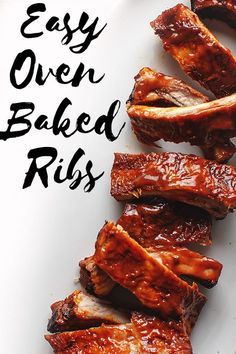 ribs on a white plate with the words easy oven baked ribs