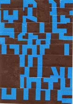 an abstract painting with blue lines on brown paper in the shape of letters and numbers