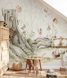 a child's room with a mural on the wall