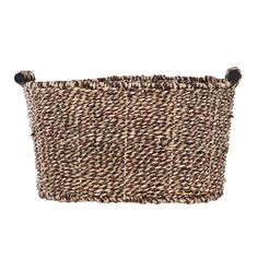 the brown and white basket has two handles on one side, and is made out of woven