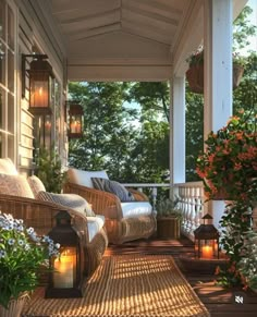 a porch with wicker furniture and lanterns on the front porch, surrounded by greenery