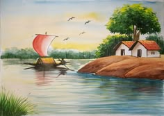 a painting of two boats in the water near a house and birds flying over it