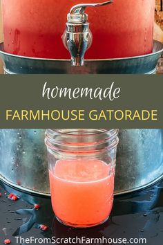 the homemade farmhouse gatorade is in a jar next to an old fashioned pot