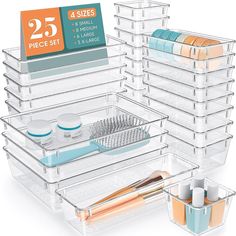 the drawers are organized with clear plastic containers