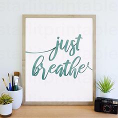 a framed poster with the words just breathe on it next to a camera and succulents