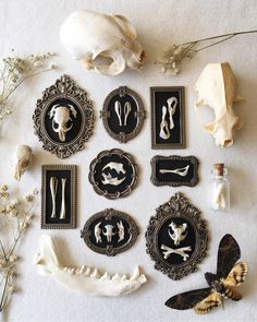 there are many different items on the table with flowers and other things around them, including skulls