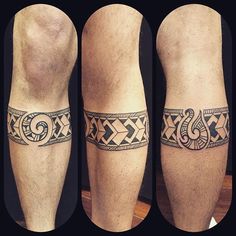 three different images of the same person's legs with tattoos on each leg and an armband