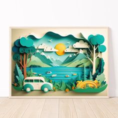 an image of a paper cut landscape with cars and trees on the lake in the background