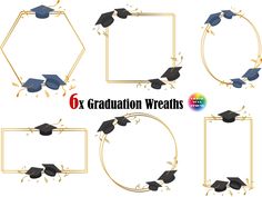 six graduation hats and diploma caps in gold frames