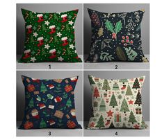 four pillows with different designs on them, one in green and the other in red