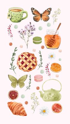 an illustration of various food items on a white background with butterflies and flowers around them