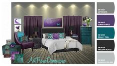 the bedroom is decorated in purple and teal