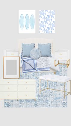 a bedroom with blue and white decor on the walls, bedding, dressers, and other items