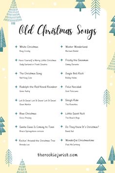 an old christmas song list with trees and snowflakes on the bottom right corner