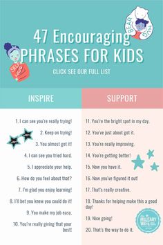 an info sheet with the words 47 encouraging phrases for kids