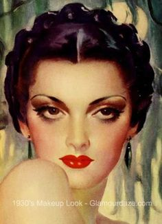 a painting of a woman with dark hair and red lipstick