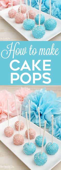 how to make cake pops on a white plate with pink and blue flowers in the background