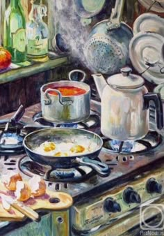 an oil painting of pots and pans on the stove with food cooking in them