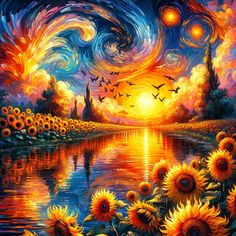 a painting of sunflowers and birds flying over the water at night with bright colors